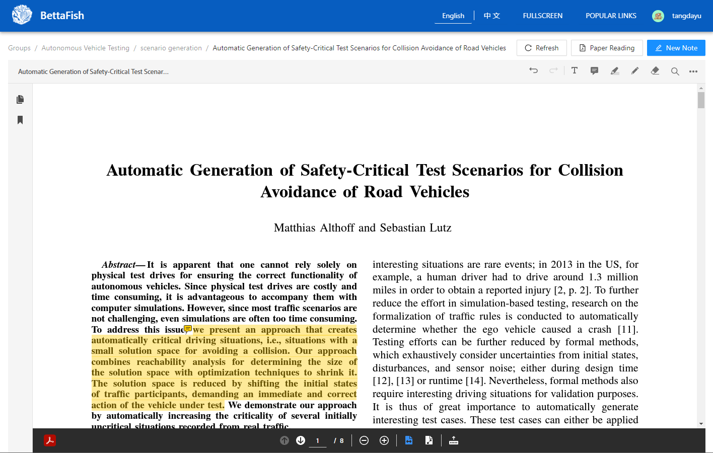 Paper reading mode in BettaFish — a shared paper with the group's highlights